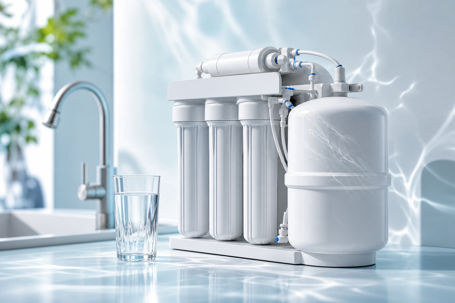 Filtro de agua para hogar y empresa con vaso de agua purificada